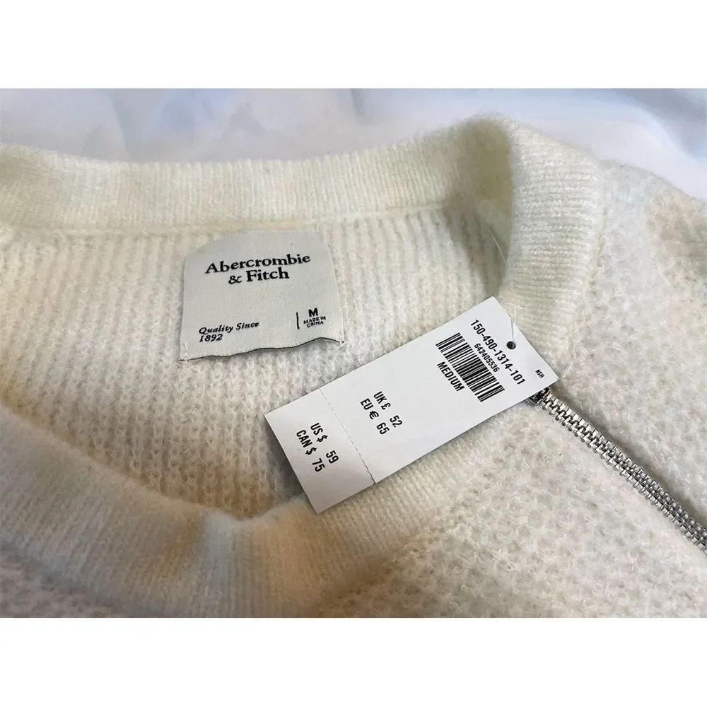 Abercrombie & Fitch Crewneck Knit Sweater | Zip Shoulder Cream NWT